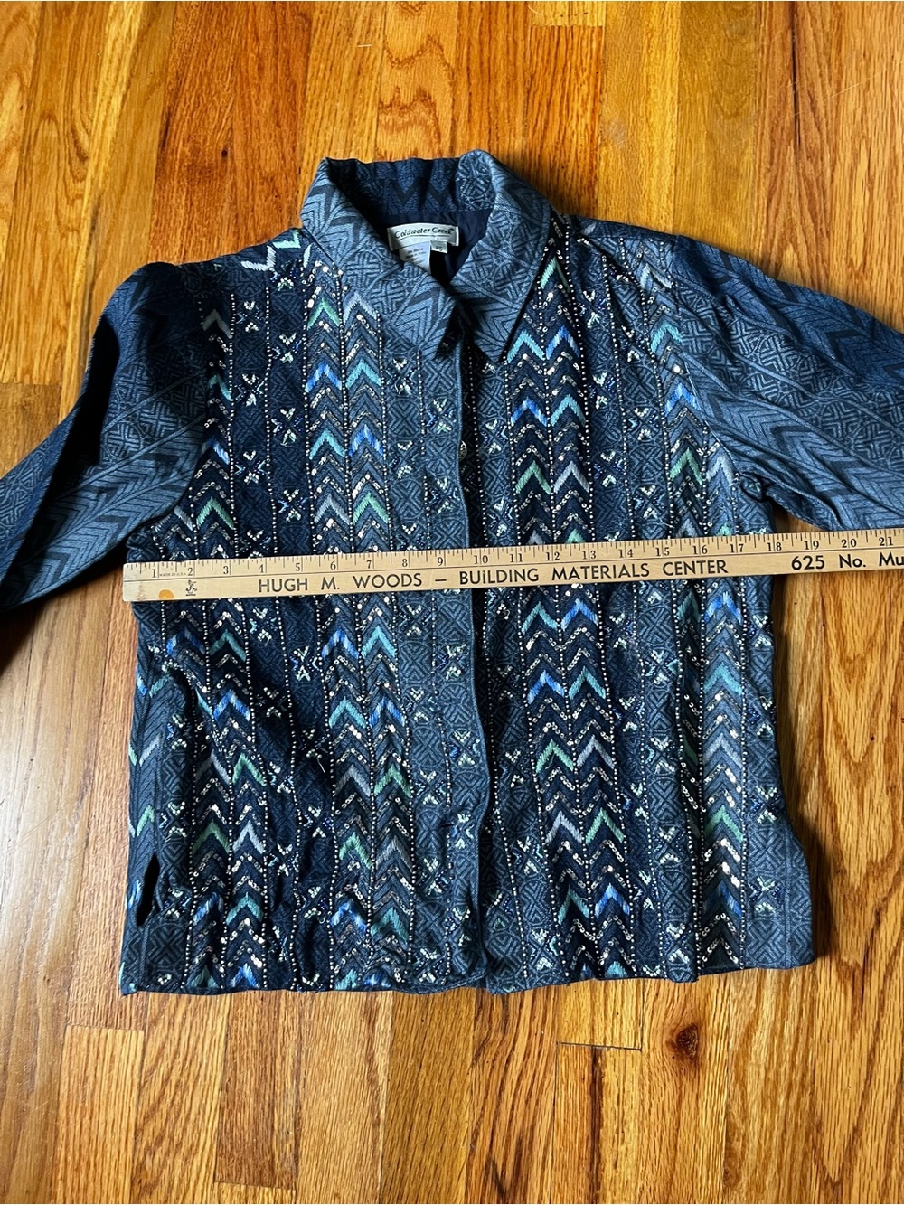 Textured Blue Patterned Button-Front Jacket - Picture 5 of 6